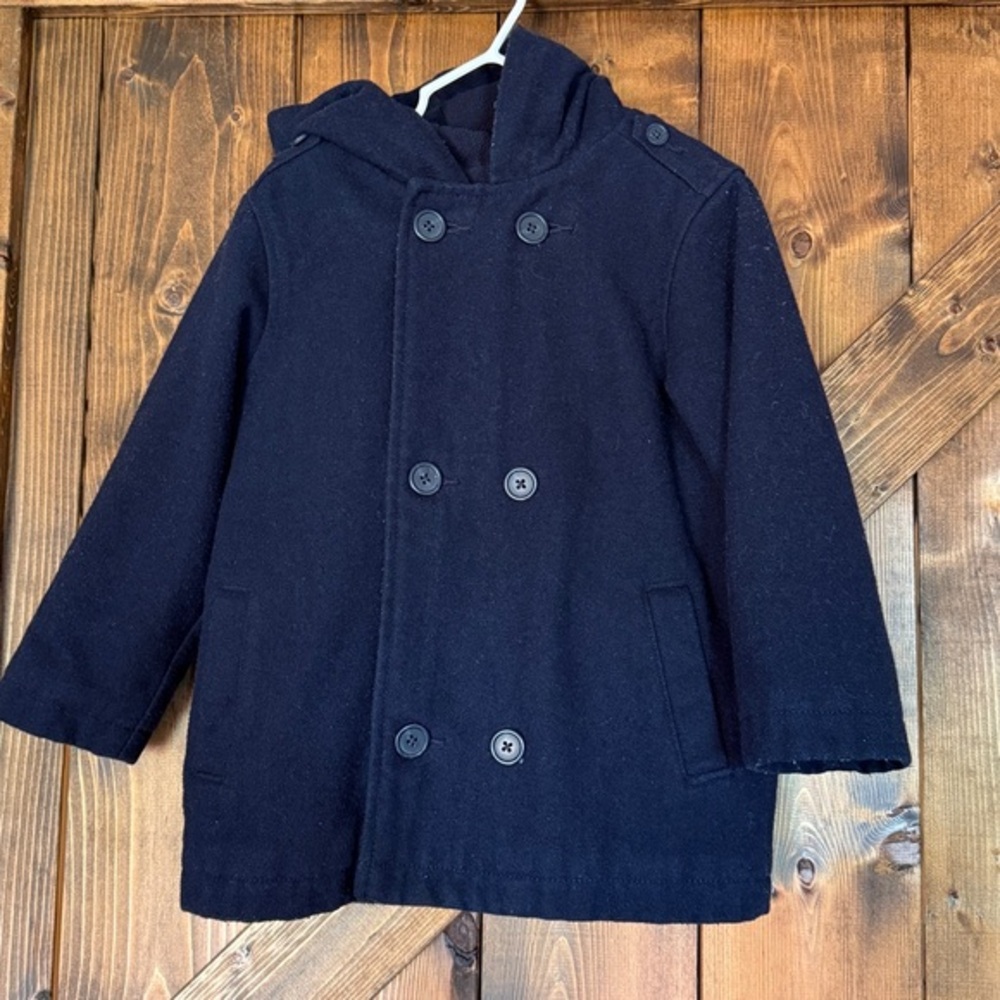 Boys Old Navy Double Breasted Blue Wool Blend Pea Coat With Hood 5T Toddler